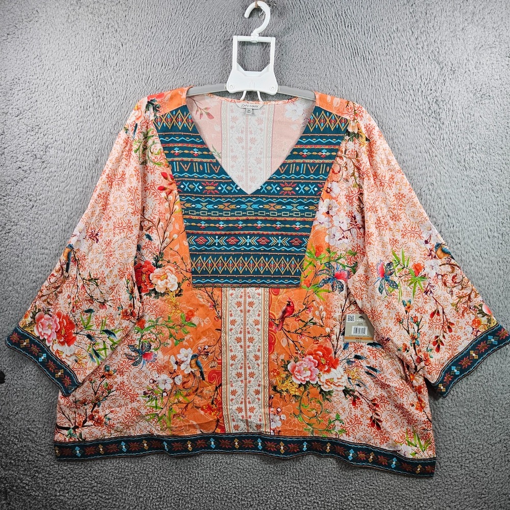 $129 NEW‎ John Mark Embroidered Top Blouse Women 3X Bird Floral Print Orange